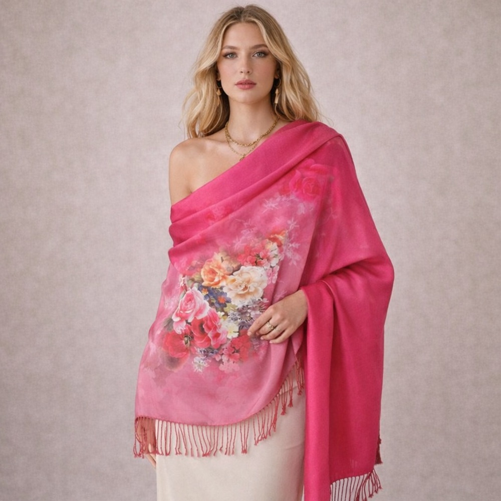 100% Mulberry Silk Double-Layer Floral Shawl Fuchsia Rose - Picture 6 of 6